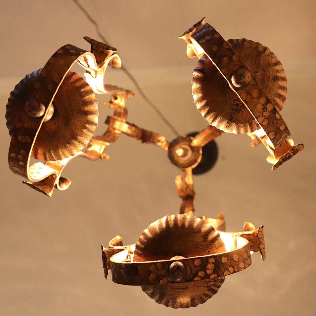 Vintage Spanish Colonial Style Gilt Wrought Iron Three-Light Chandelier