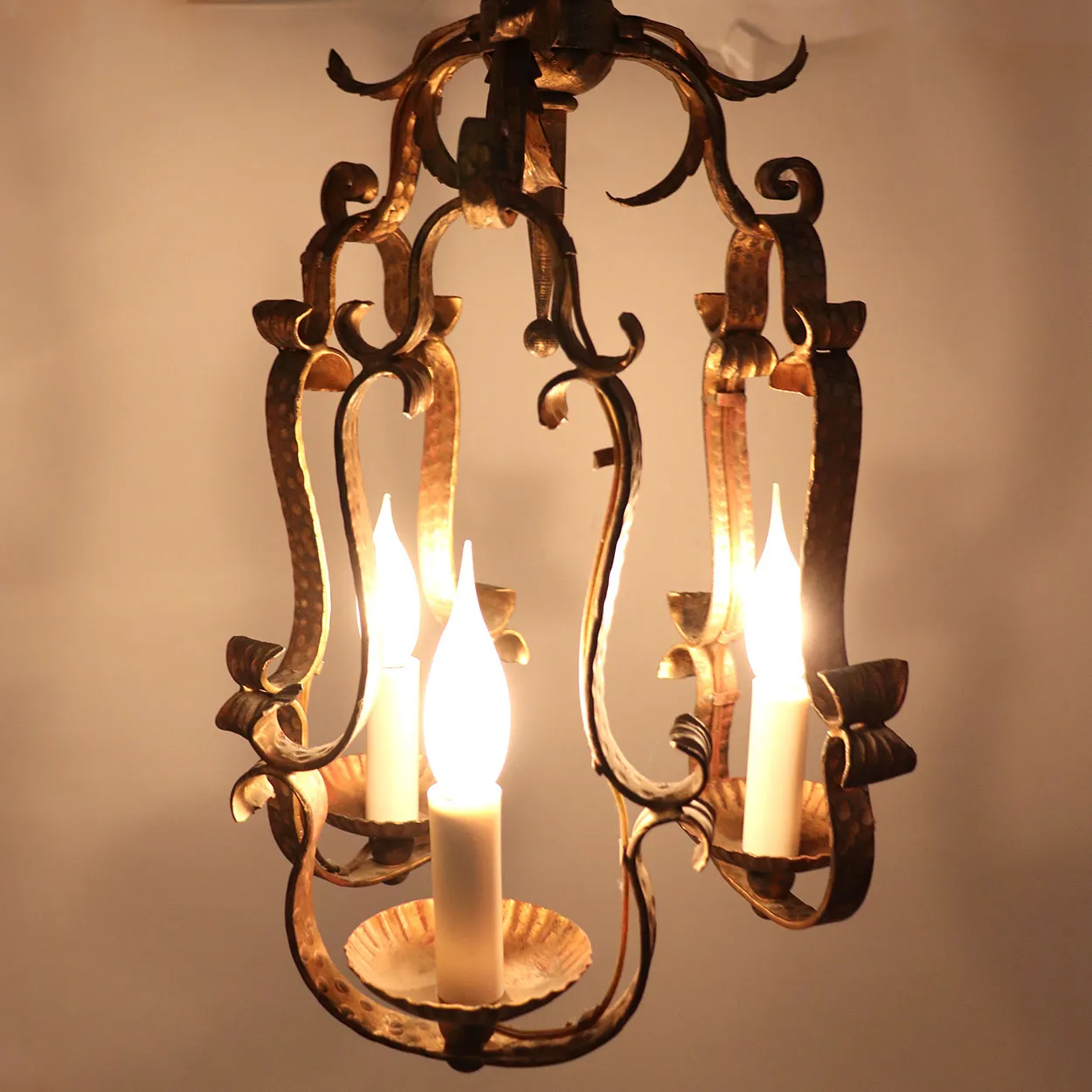 Vintage Spanish Colonial Style Gilt Wrought Iron Three-Light Chandelier