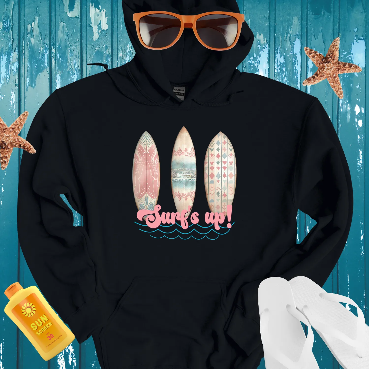 Vintage Surfboard Hoodie With Retro Floral Design