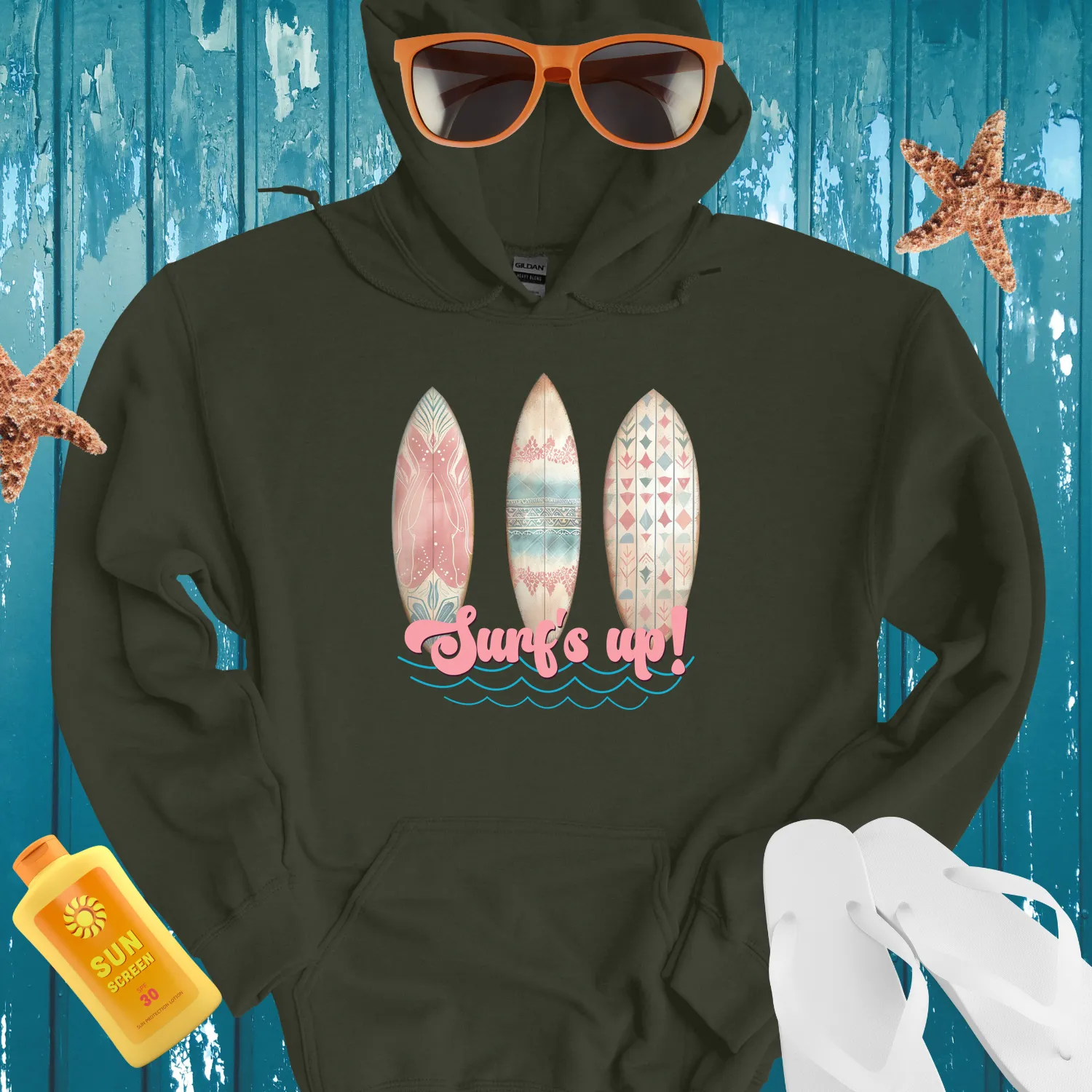 Vintage Surfboard Hoodie With Retro Floral Design