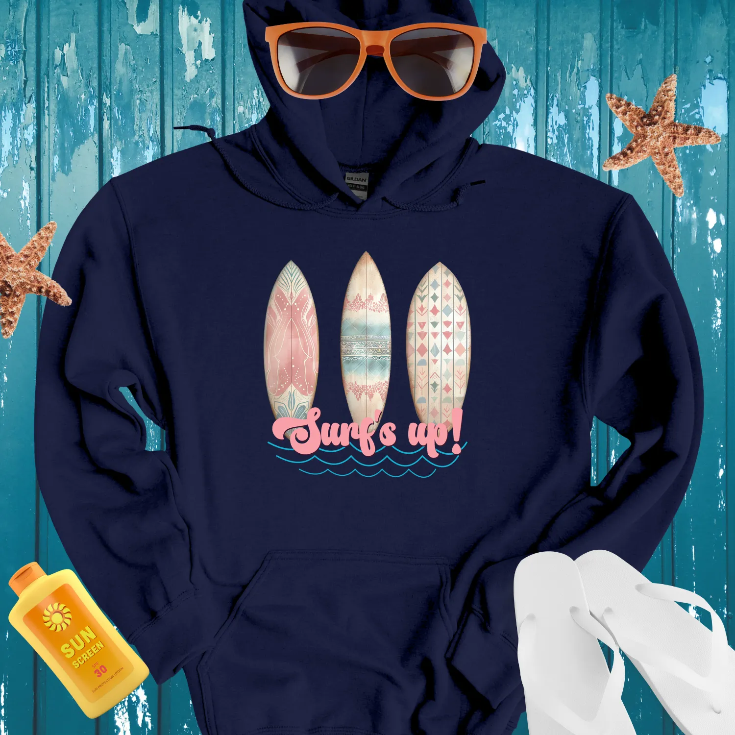 Vintage Surfboard Hoodie With Retro Floral Design