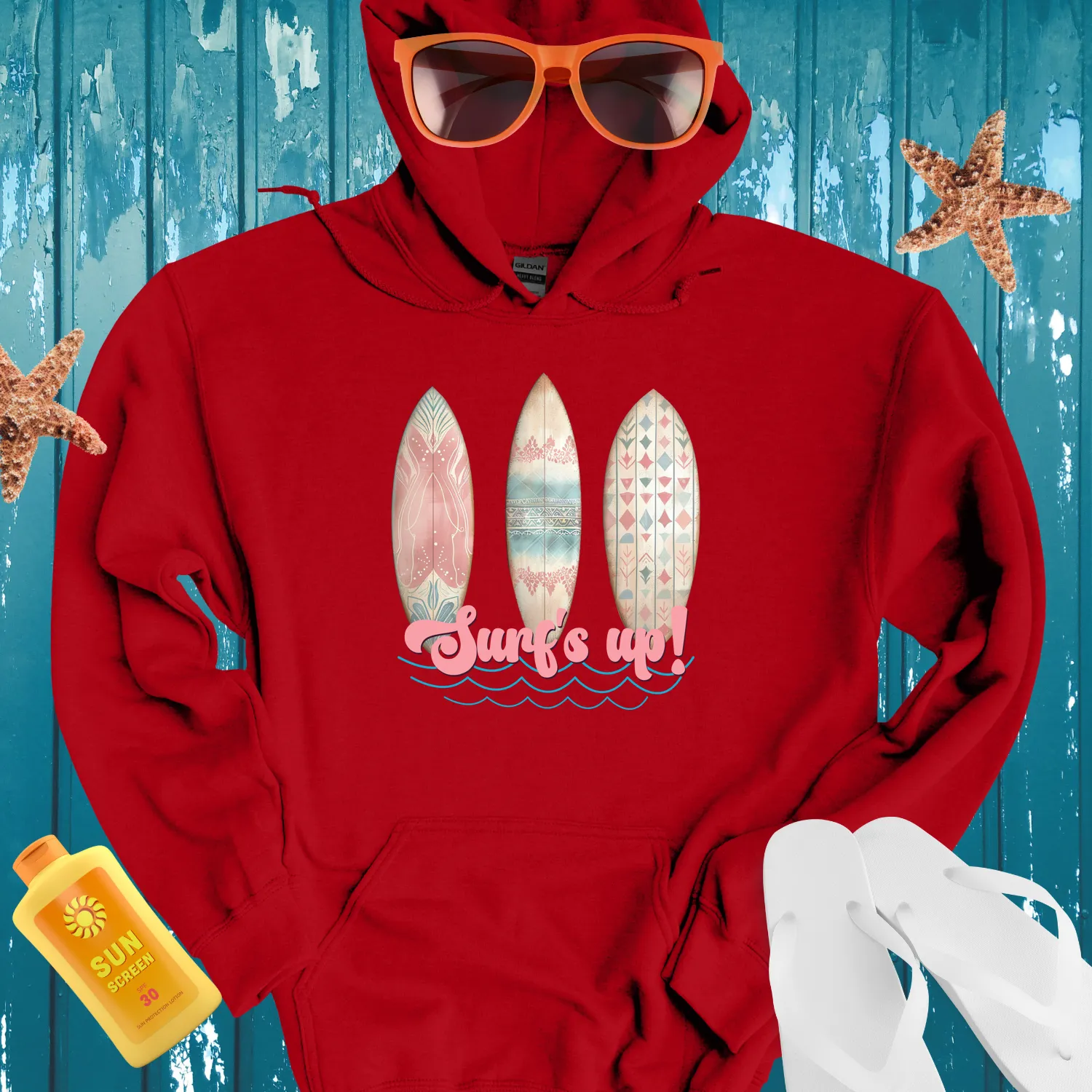 Vintage Surfboard Hoodie With Retro Floral Design