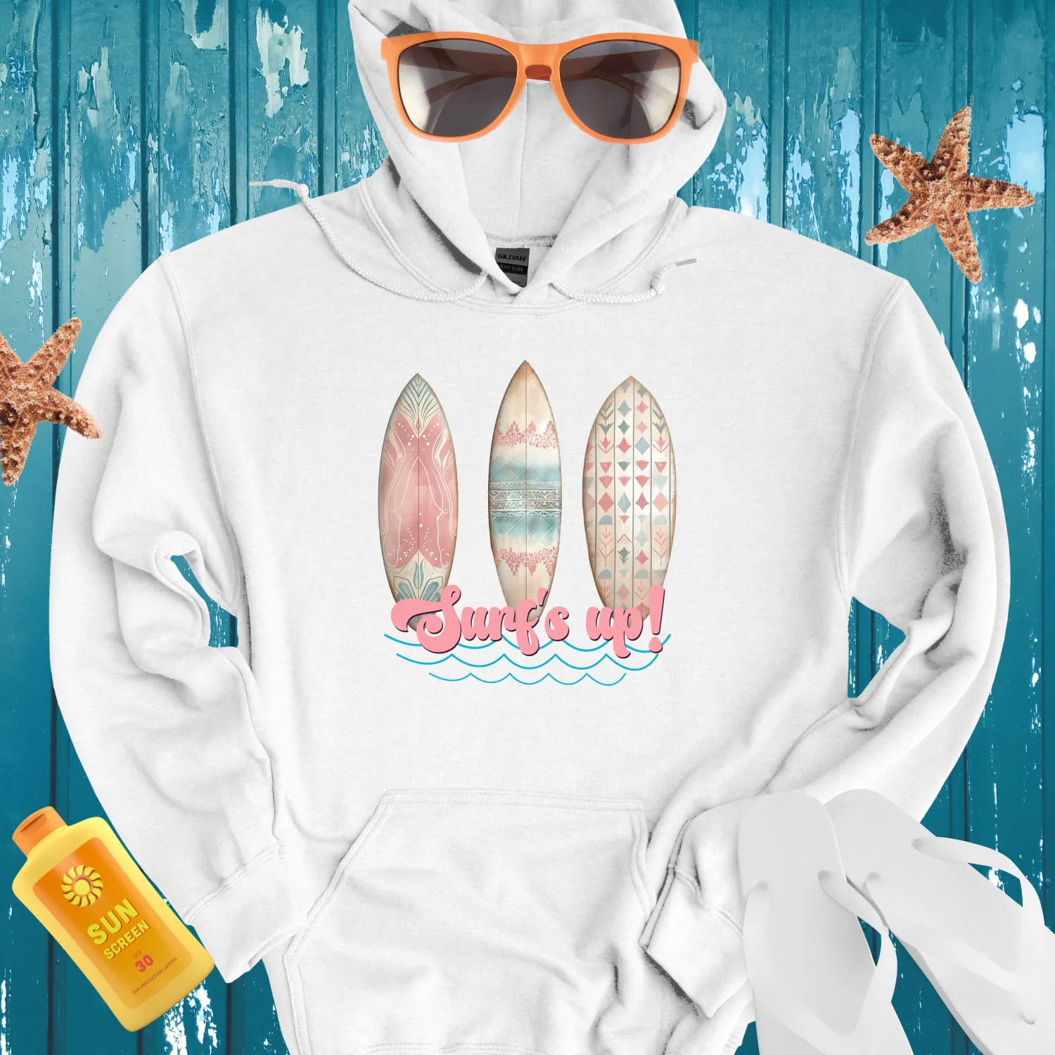 Vintage Surfboard Hoodie With Retro Floral Design