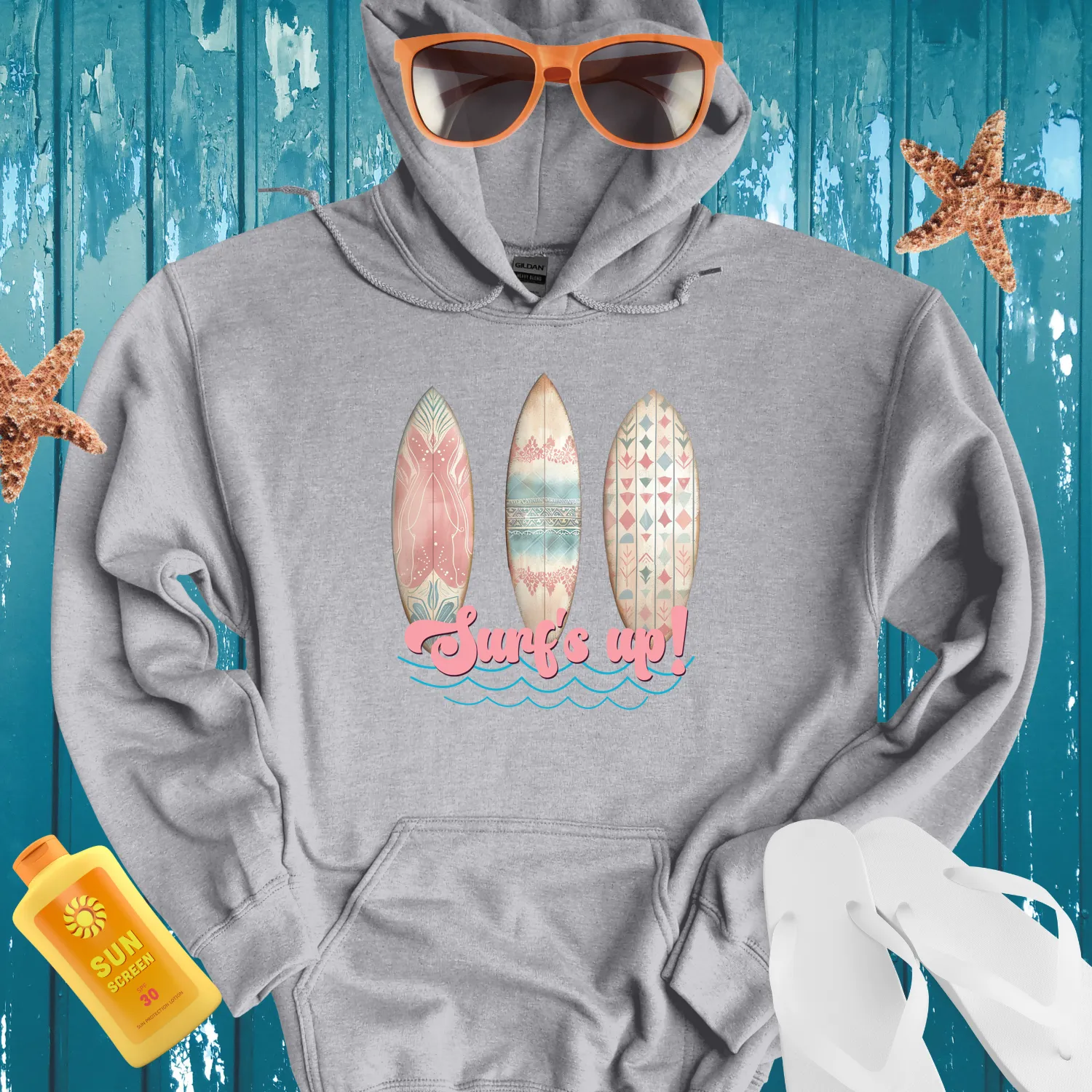 Vintage Surfboard Hoodie With Retro Floral Design