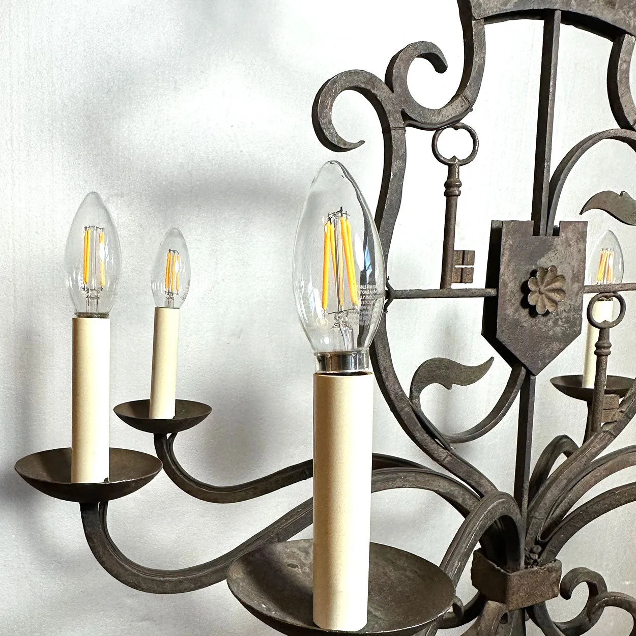 Vintage Tudor Revival Wrought Iron Armorial Six-Light Chandelier
