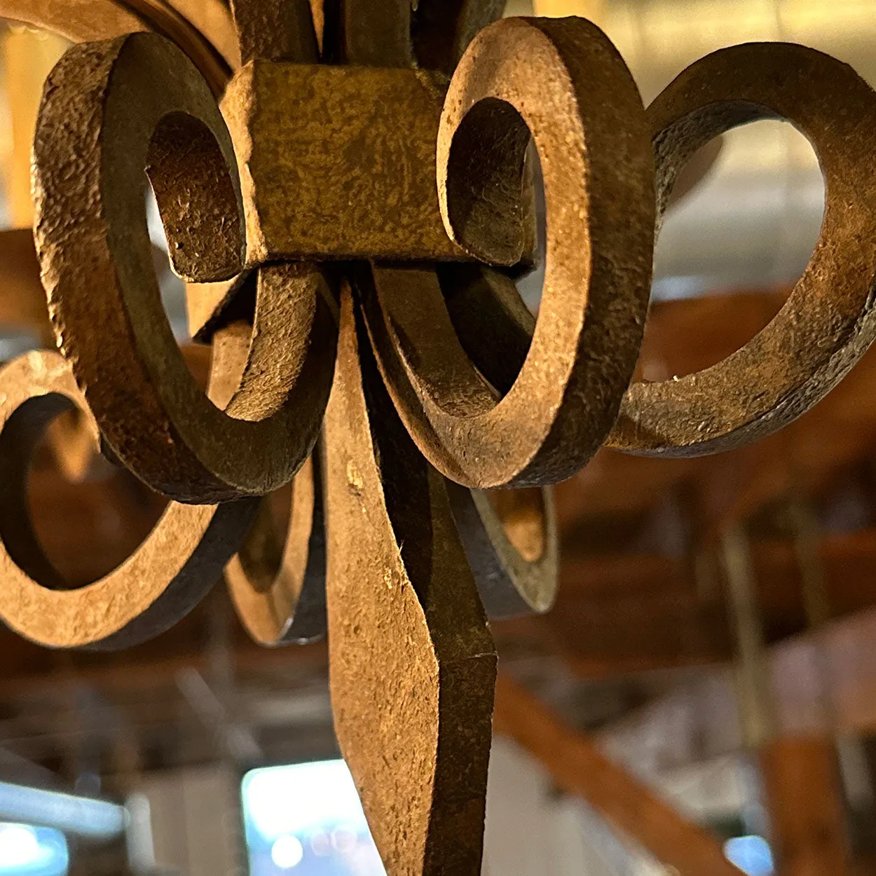 Vintage Tudor Revival Wrought Iron Armorial Six-Light Chandelier