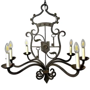 Vintage Tudor Revival Wrought Iron Armorial Six-Light Chandelier