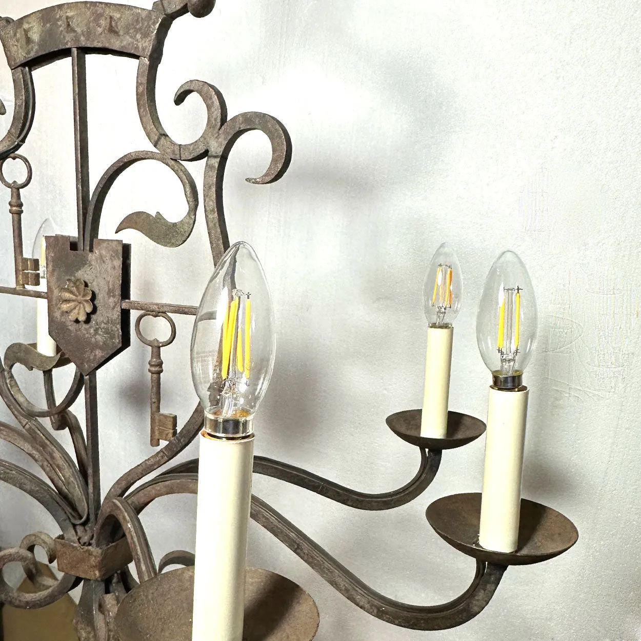 Vintage Tudor Revival Wrought Iron Armorial Six-Light Chandelier