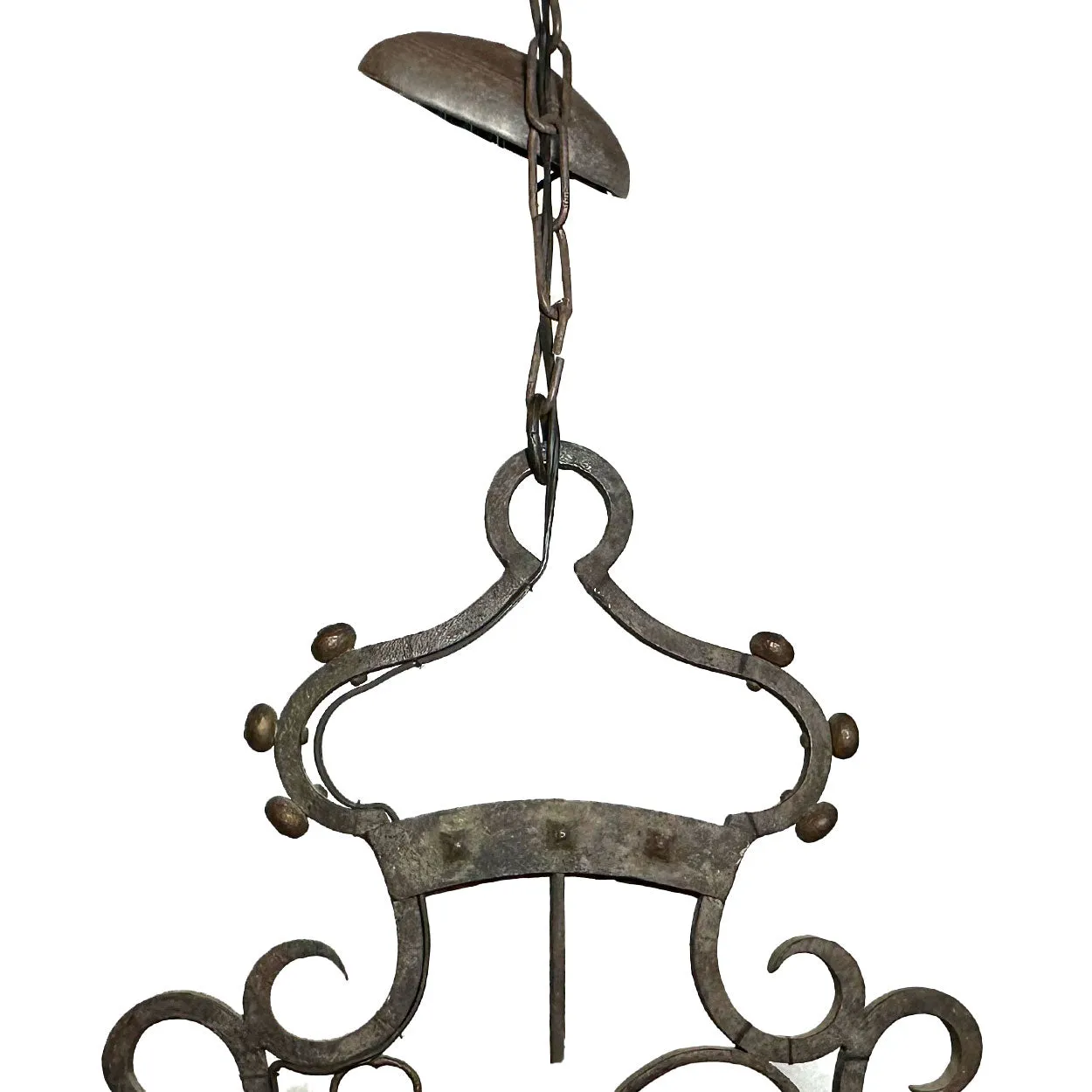 Vintage Tudor Revival Wrought Iron Armorial Six-Light Chandelier