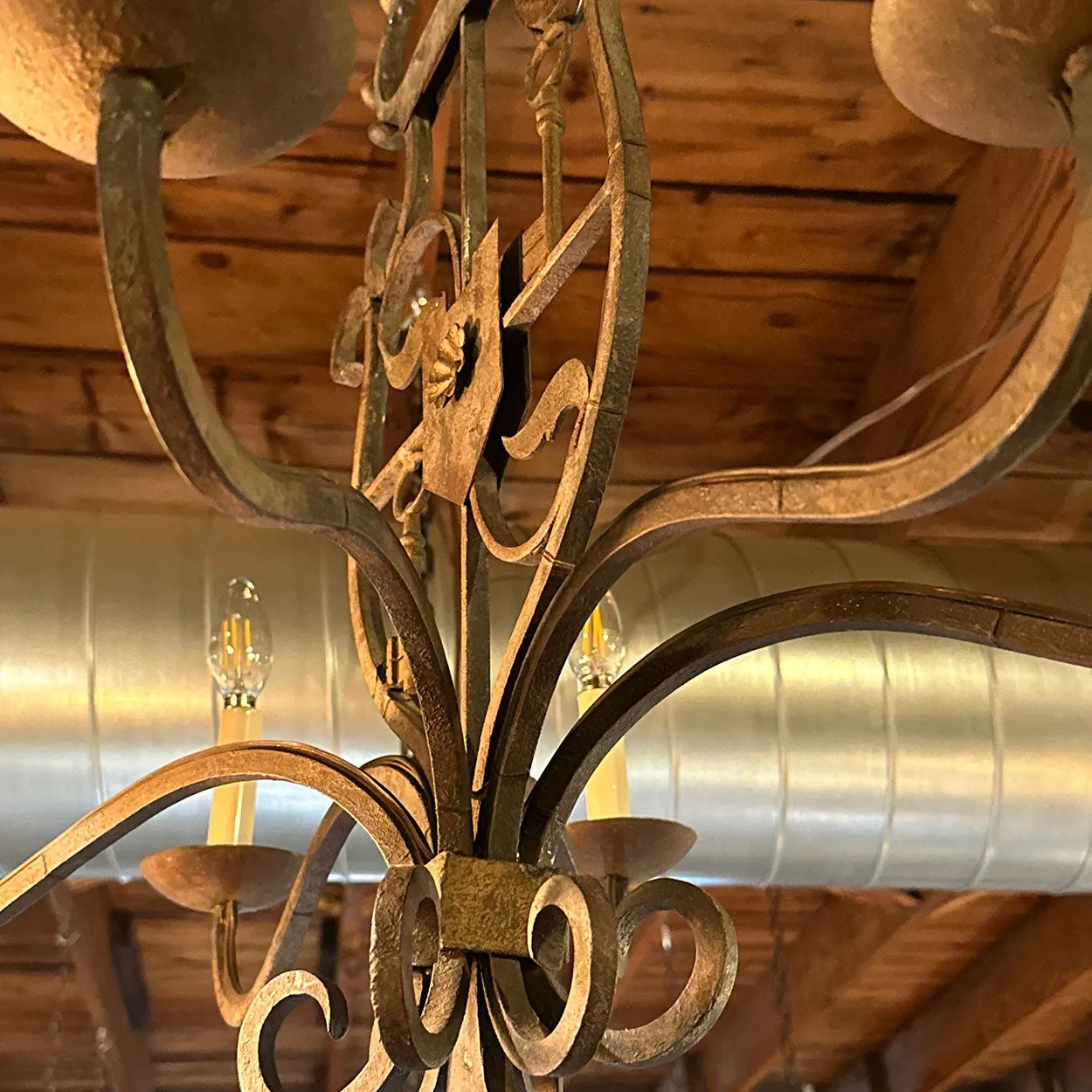 Vintage Tudor Revival Wrought Iron Armorial Six-Light Chandelier