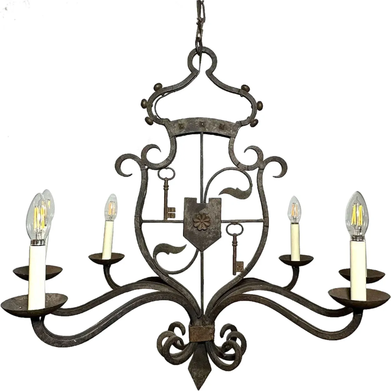 Vintage Tudor Revival Wrought Iron Armorial Six-Light Chandelier
