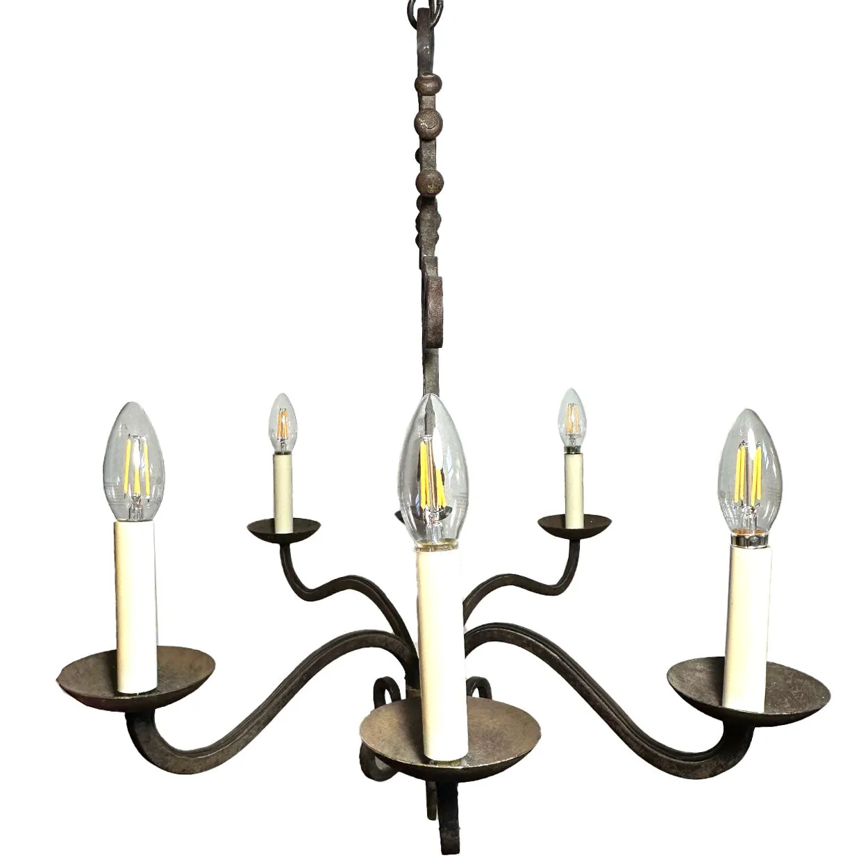 Vintage Tudor Revival Wrought Iron Armorial Six-Light Chandelier