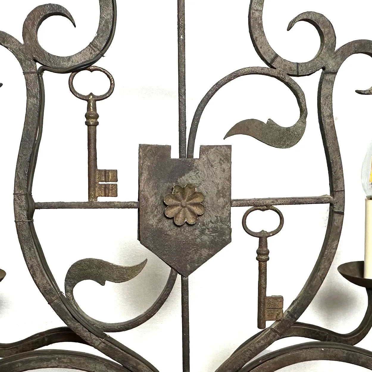Vintage Tudor Revival Wrought Iron Armorial Six-Light Chandelier