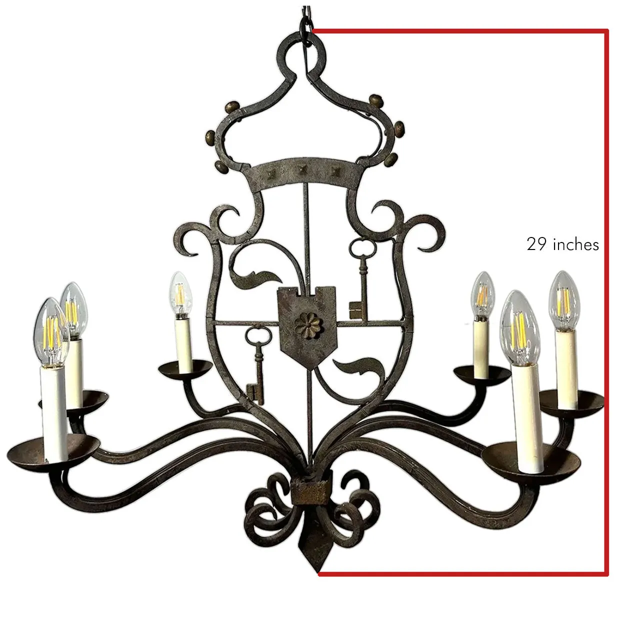 Vintage Tudor Revival Wrought Iron Armorial Six-Light Chandelier