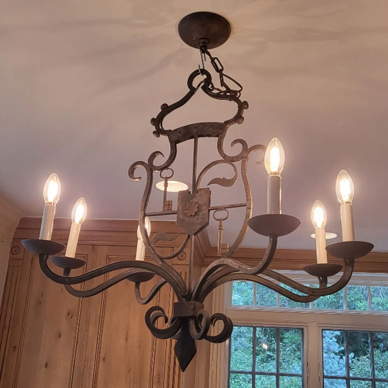 Vintage Tudor Revival Wrought Iron Armorial Six-Light Chandelier