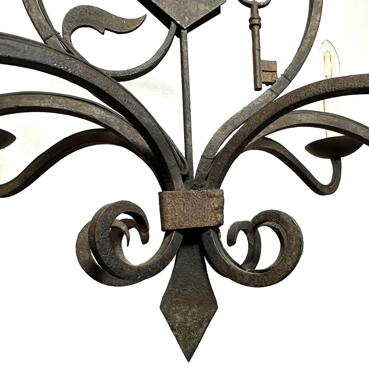 Vintage Tudor Revival Wrought Iron Armorial Six-Light Chandelier