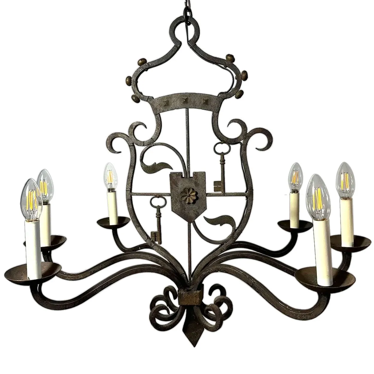 Vintage Tudor Revival Wrought Iron Armorial Six-Light Chandelier