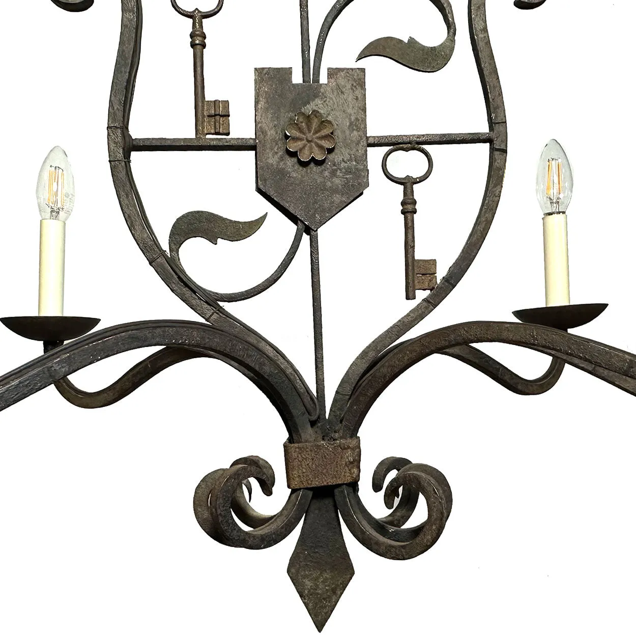 Vintage Tudor Revival Wrought Iron Armorial Six-Light Chandelier