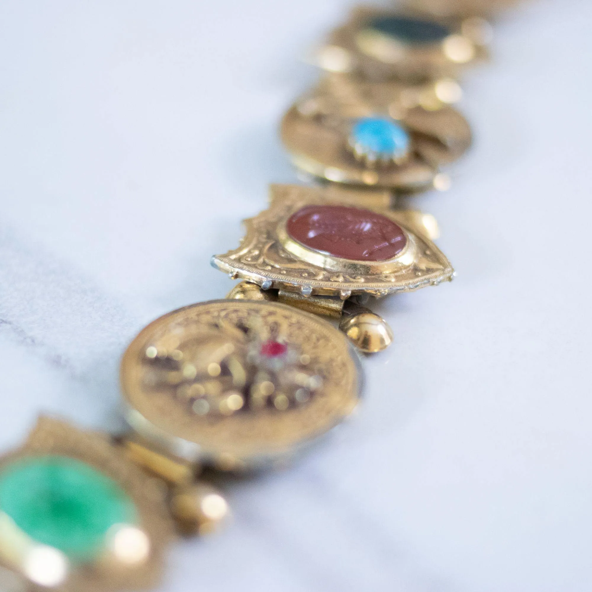 Vintage Victoria Slide Style Medieval Scene Bracelet with Art Glass Rhinestones, Cabochons, and Cameos