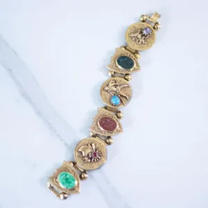 Vintage Victoria Slide Style Medieval Scene Bracelet with Art Glass Rhinestones, Cabochons, and Cameos