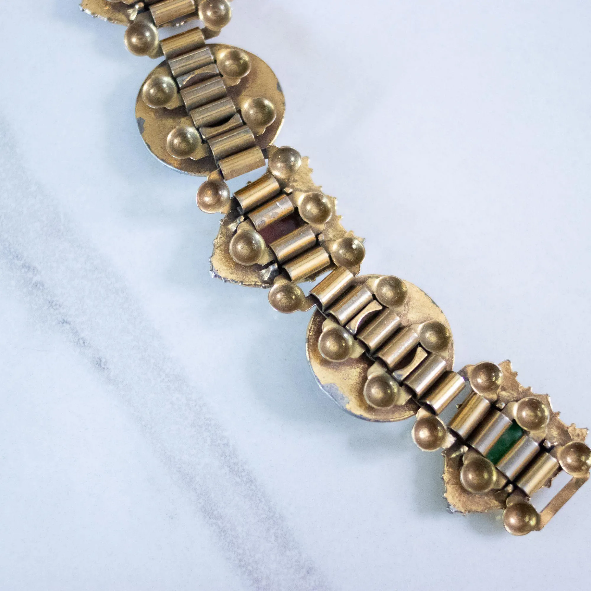 Vintage Victoria Slide Style Medieval Scene Bracelet with Art Glass Rhinestones, Cabochons, and Cameos