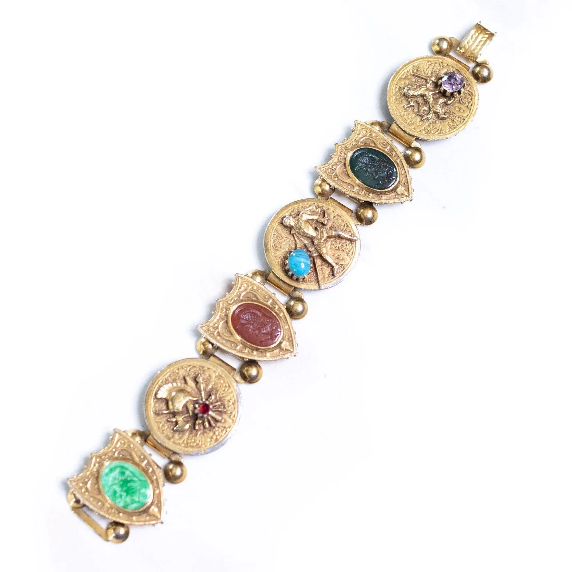 Vintage Victoria Slide Style Medieval Scene Bracelet with Art Glass Rhinestones, Cabochons, and Cameos