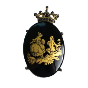 Vintage Victorian Black and Gold Courting Scene with Man and Woman Brooch/Pendant, Gold Tone