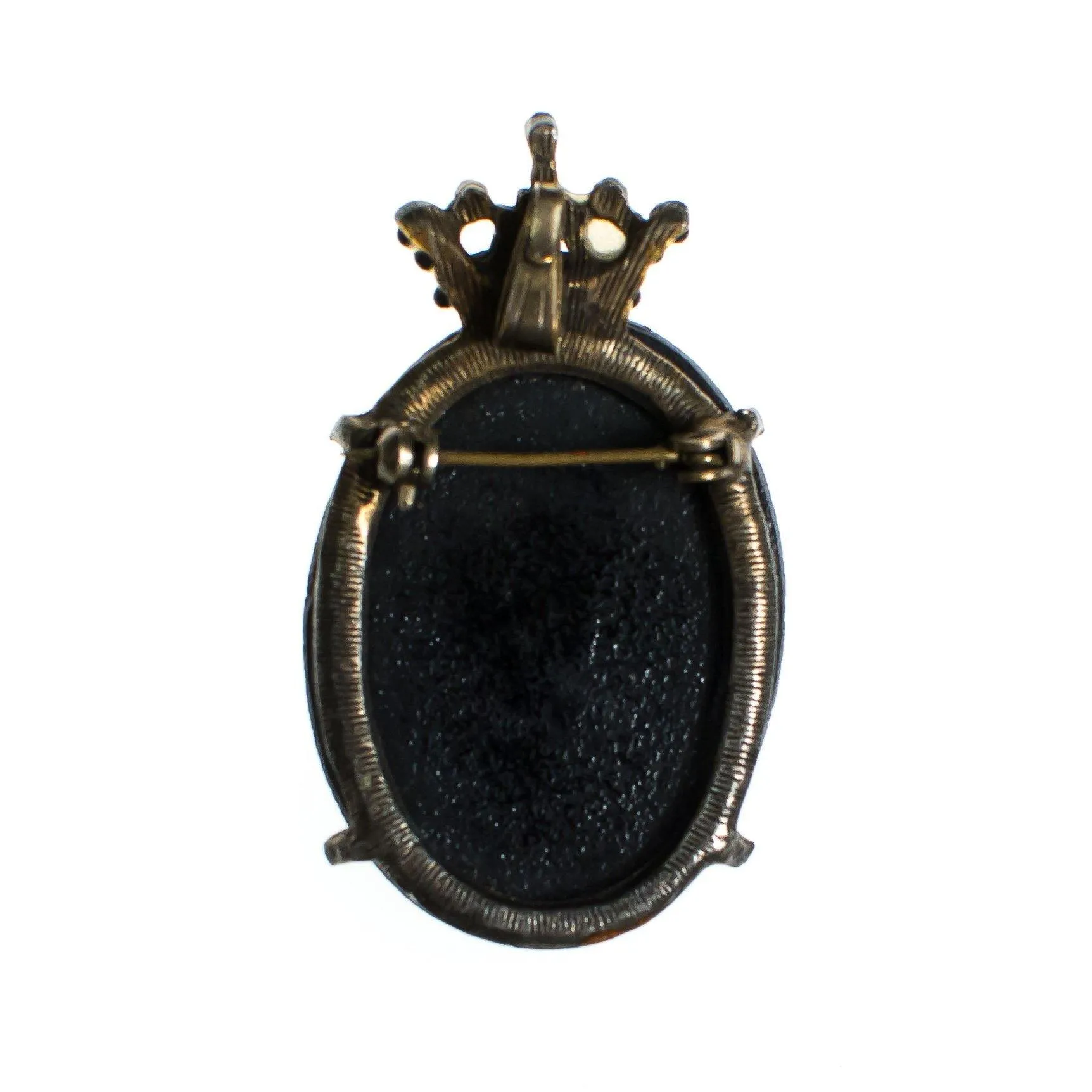 Vintage Victorian Black and Gold Courting Scene with Man and Woman Brooch/Pendant, Gold Tone
