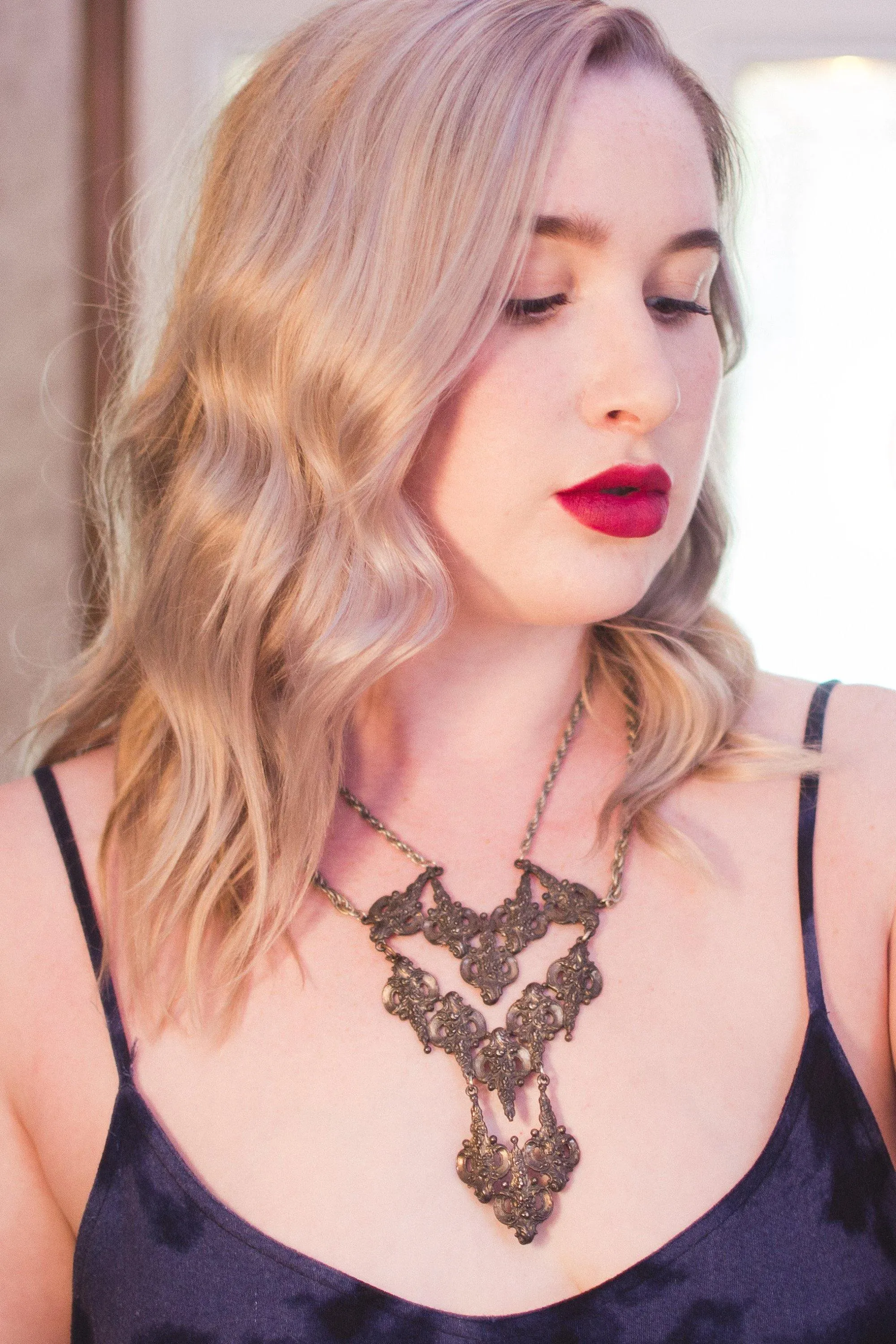 Vintage Victorian Gothic Revival Silver Statement Necklace