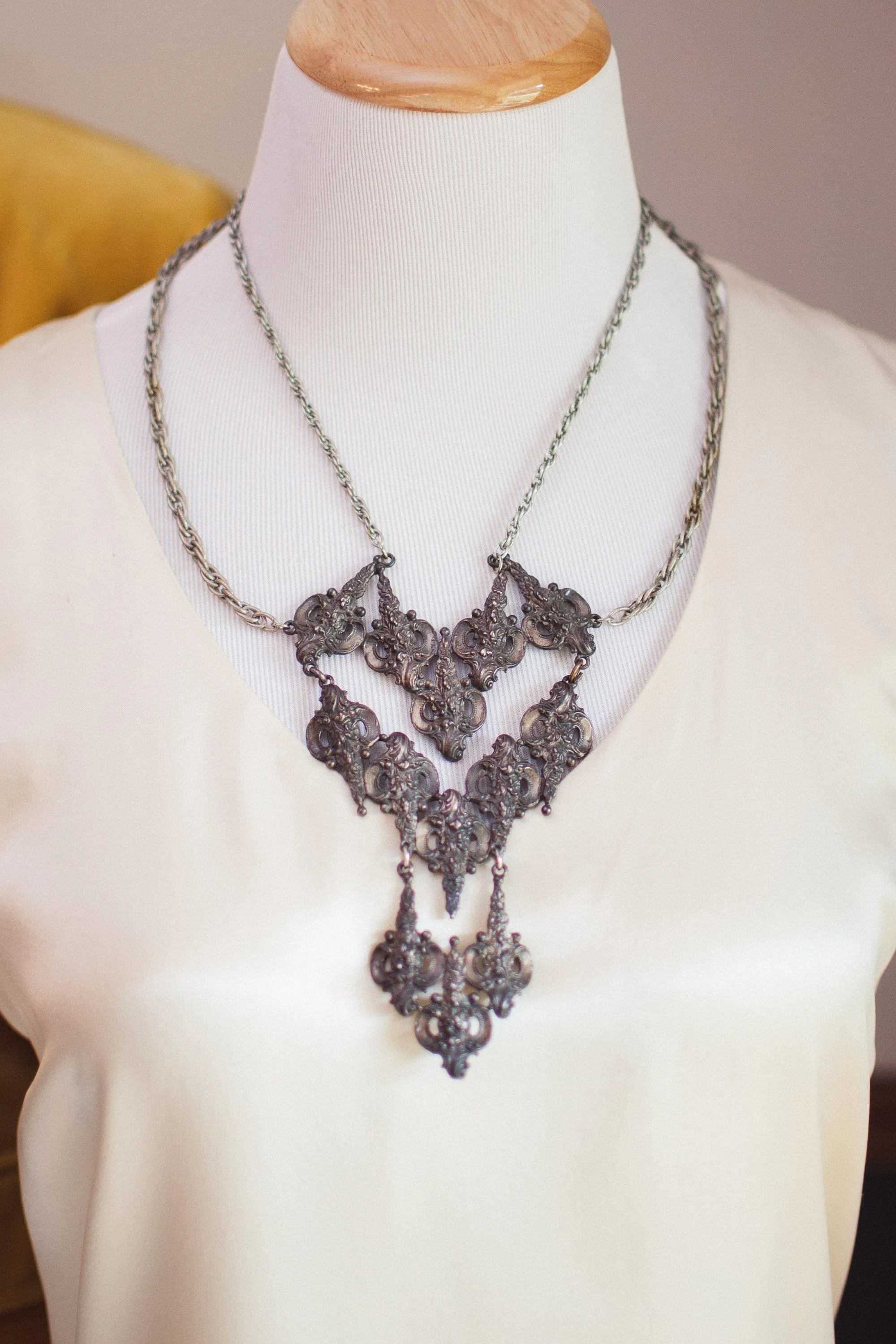 Vintage Victorian Gothic Revival Silver Statement Necklace