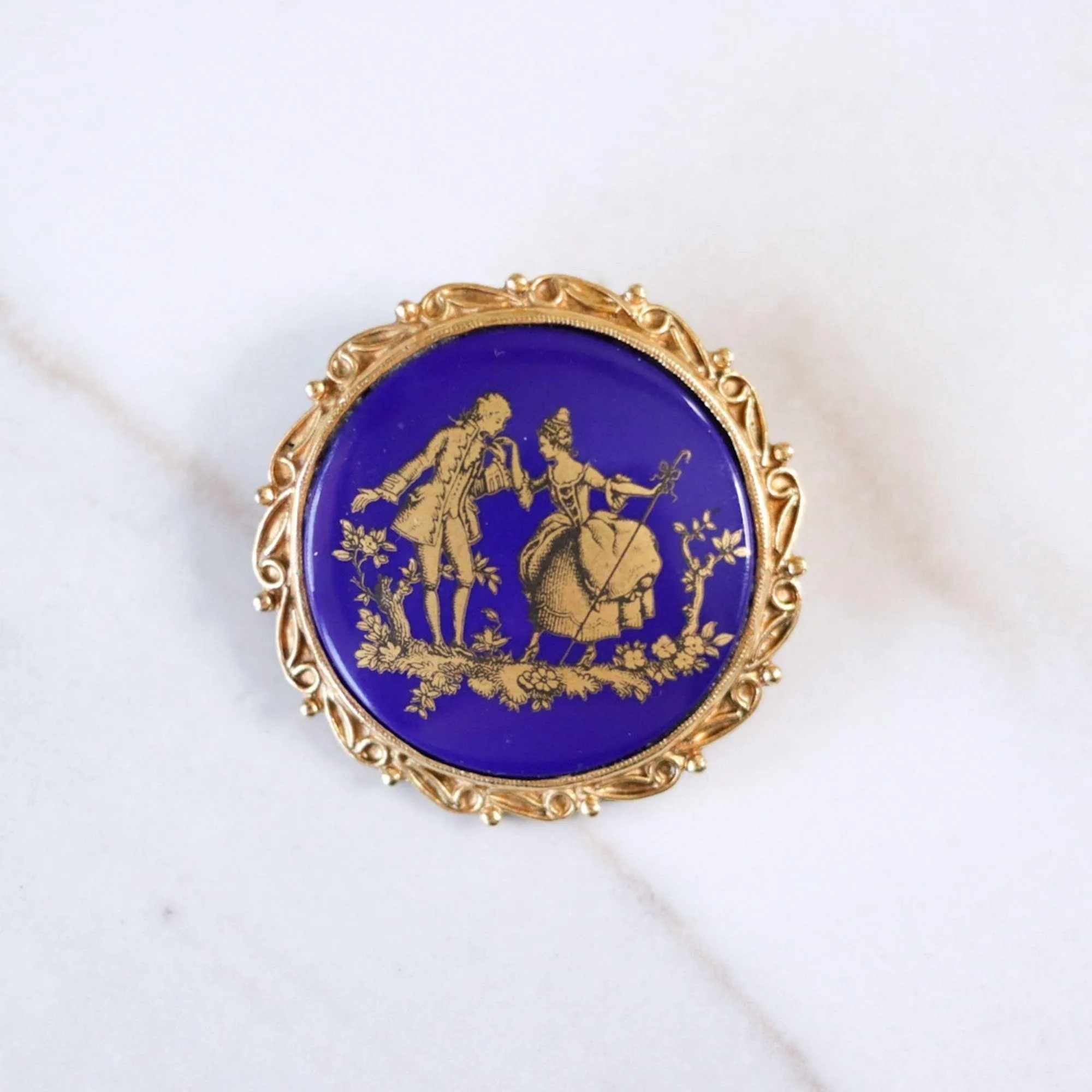 Vintage Victorian Revival Blue and Gold Cameo Courting Scene Brooch