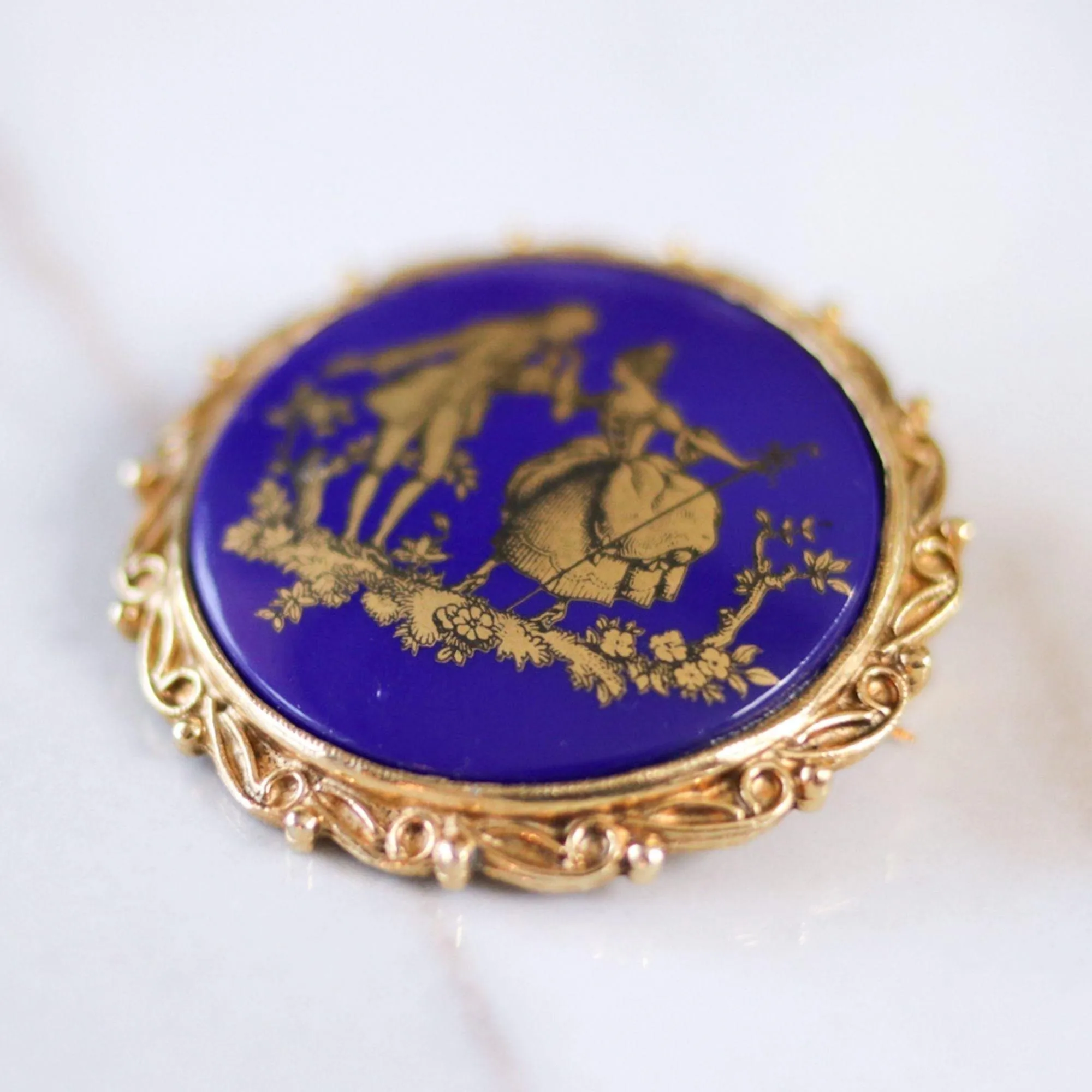 Vintage Victorian Revival Blue and Gold Cameo Courting Scene Brooch