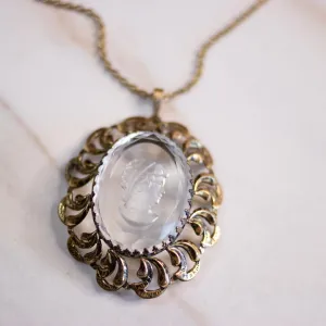 Vintage Victorian Revival Etched Crystal Cameo Pendant Statement Necklace