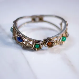 Vintage Victorian Revival Floral Clamper Bracelet with Colorful Beads