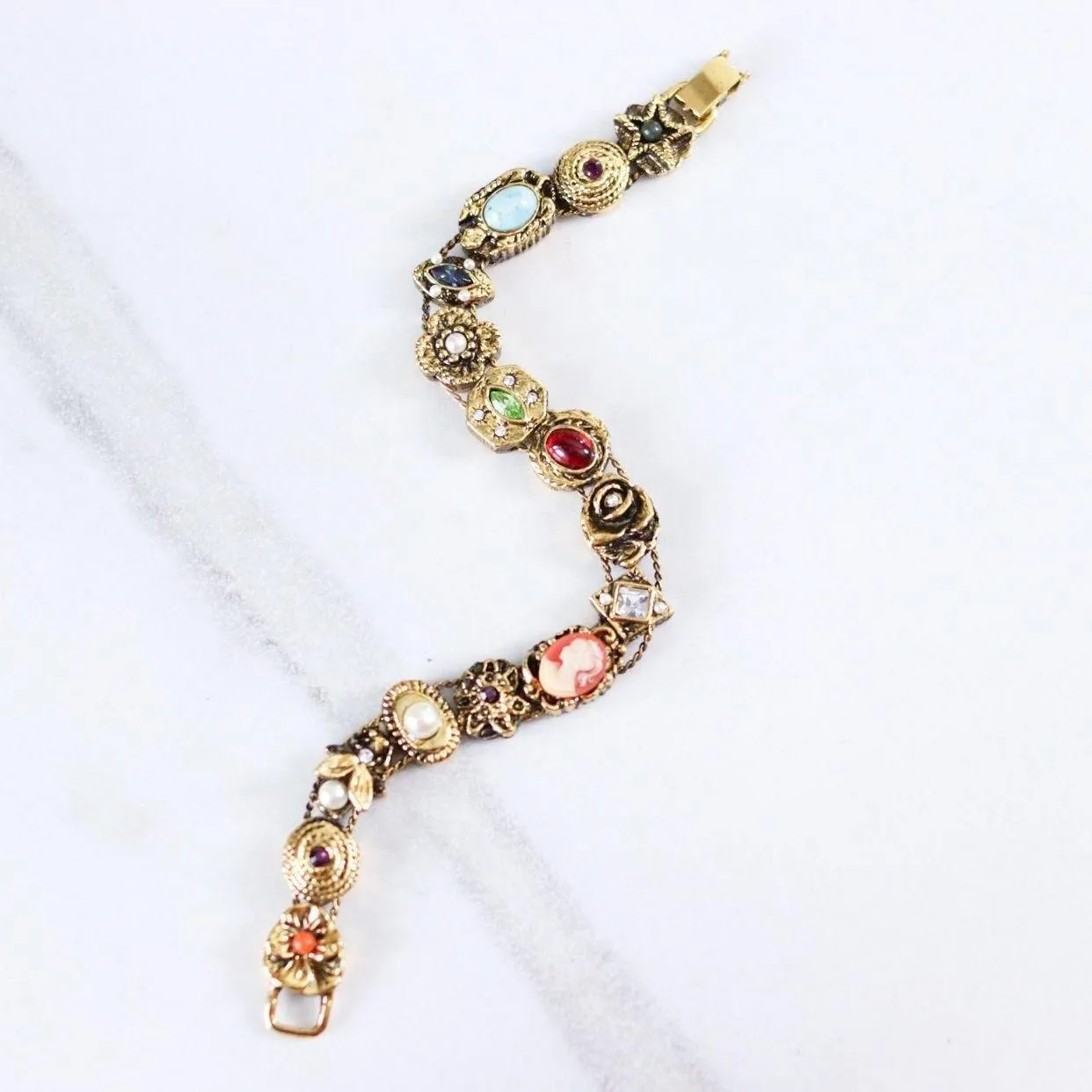 Vintage Victorian Revival Gold Slide Charm Bracelet with Cameos, Rhinestones, Faux Pearls Art Glass