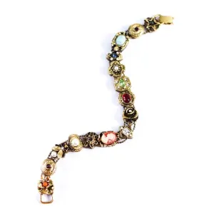 Vintage Victorian Revival Gold Slide Charm Bracelet with Cameos, Rhinestones, Faux Pearls Art Glass