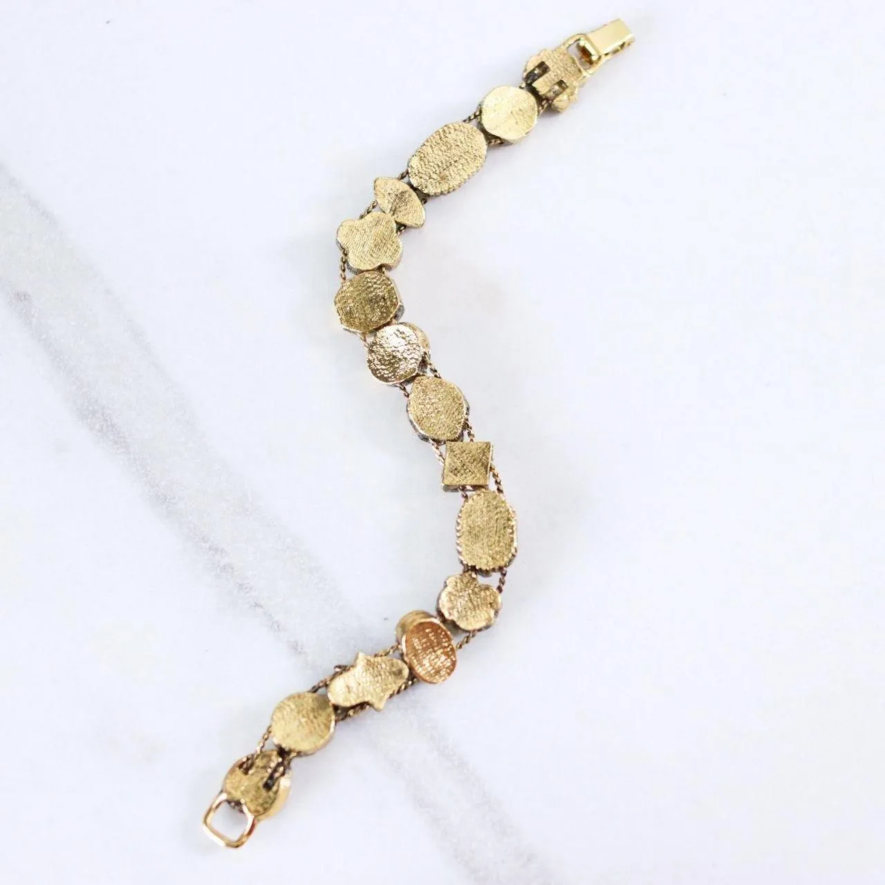 Vintage Victorian Revival Gold Slide Charm Bracelet with Cameos, Rhinestones, Faux Pearls Art Glass