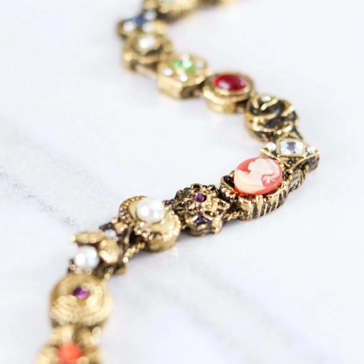 Vintage Victorian Revival Gold Slide Charm Bracelet with Cameos, Rhinestones, Faux Pearls Art Glass