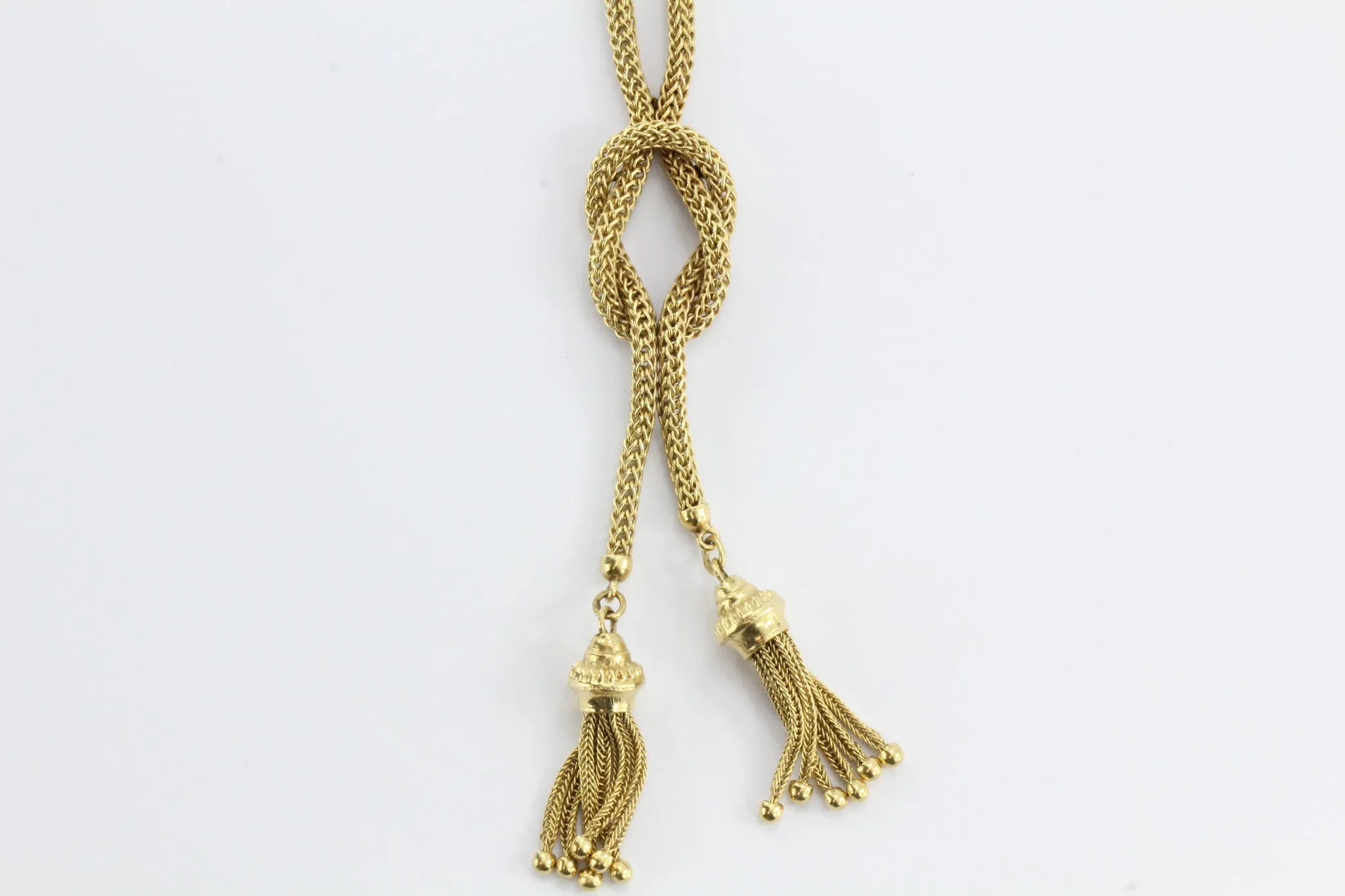 Vintage Victorian Revival Knotted Tassel 14K Gold Rope Necklace