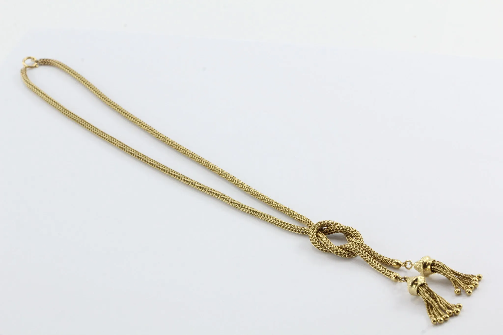 Vintage Victorian Revival Knotted Tassel 14K Gold Rope Necklace
