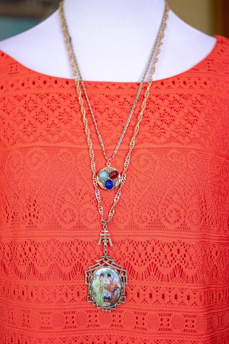Vintage Victorian Revival Locket Necklace with Turquoise, Lapis, and Carnelian Art Glass