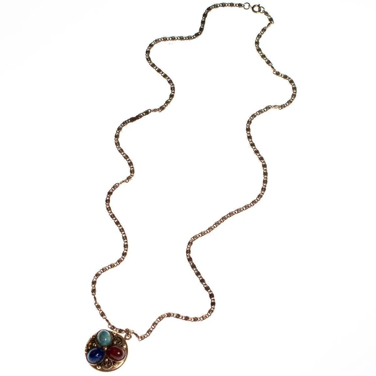 Vintage Victorian Revival Locket Necklace with Turquoise, Lapis, and Carnelian Art Glass
