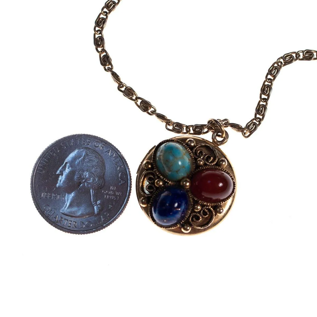 Vintage Victorian Revival Locket Necklace with Turquoise, Lapis, and Carnelian Art Glass