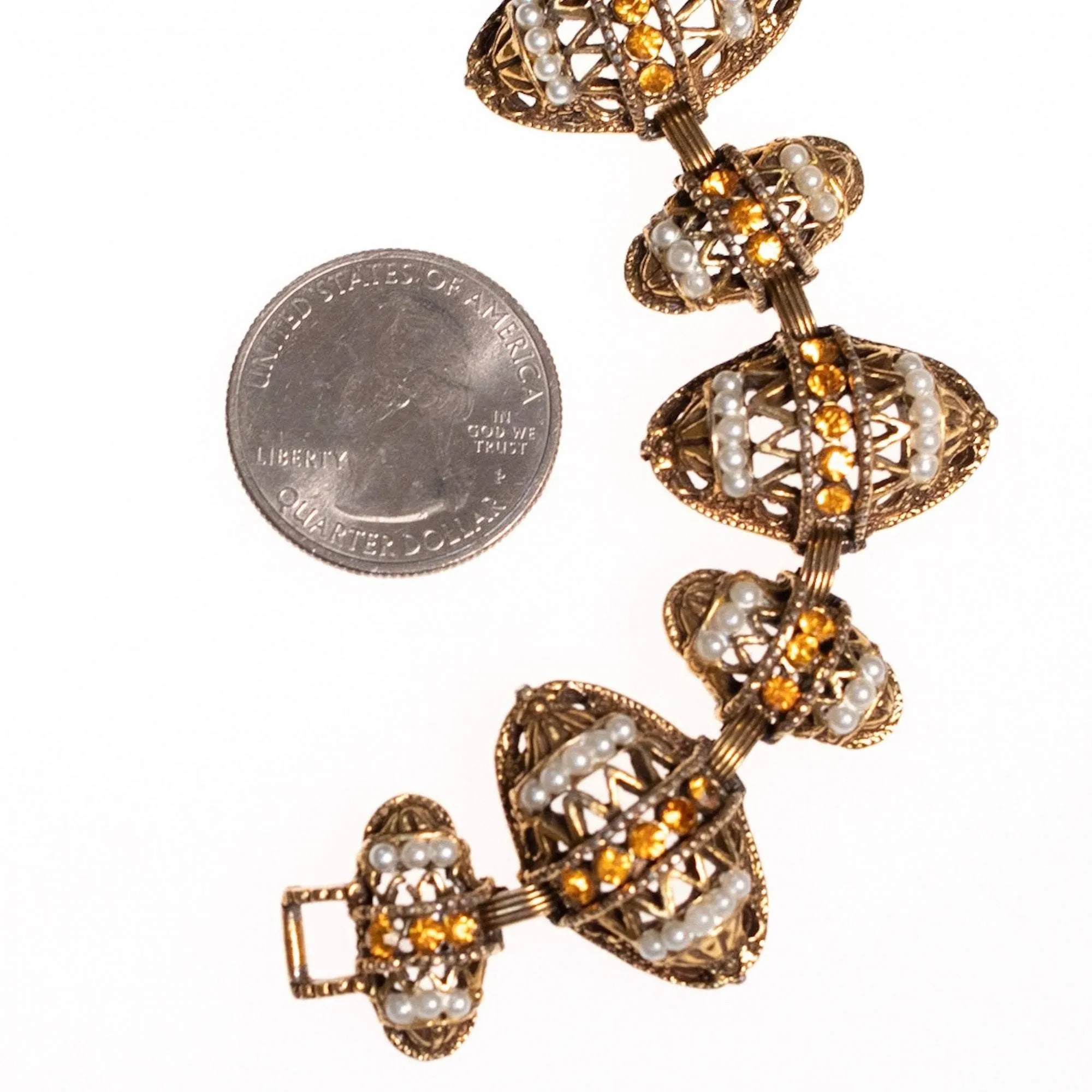 Vintage Victorian Revival Ornate Antique Gold Tone Bracelet with Citrine Rhinestones and Faux Pearls