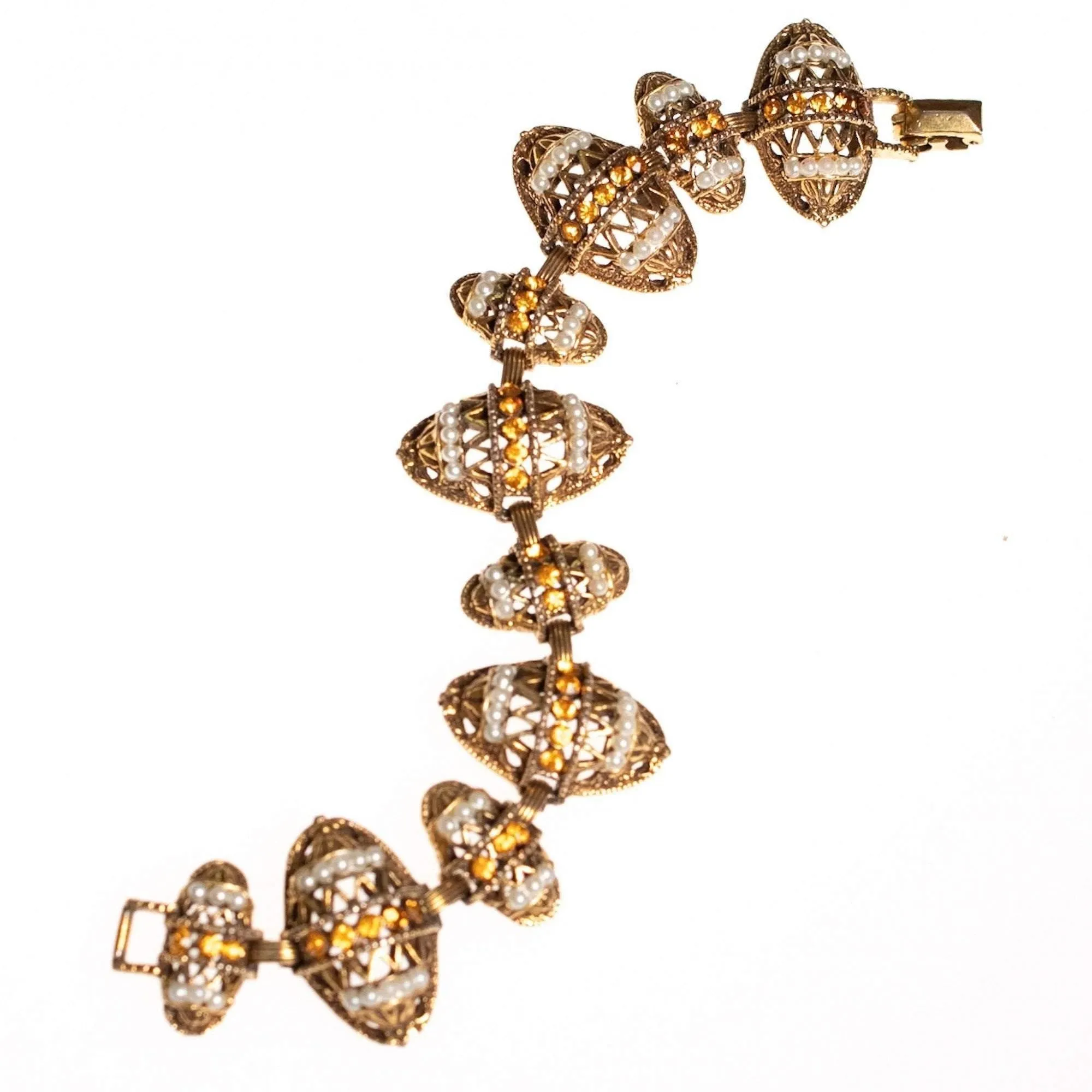 Vintage Victorian Revival Ornate Antique Gold Tone Bracelet with Citrine Rhinestones and Faux Pearls
