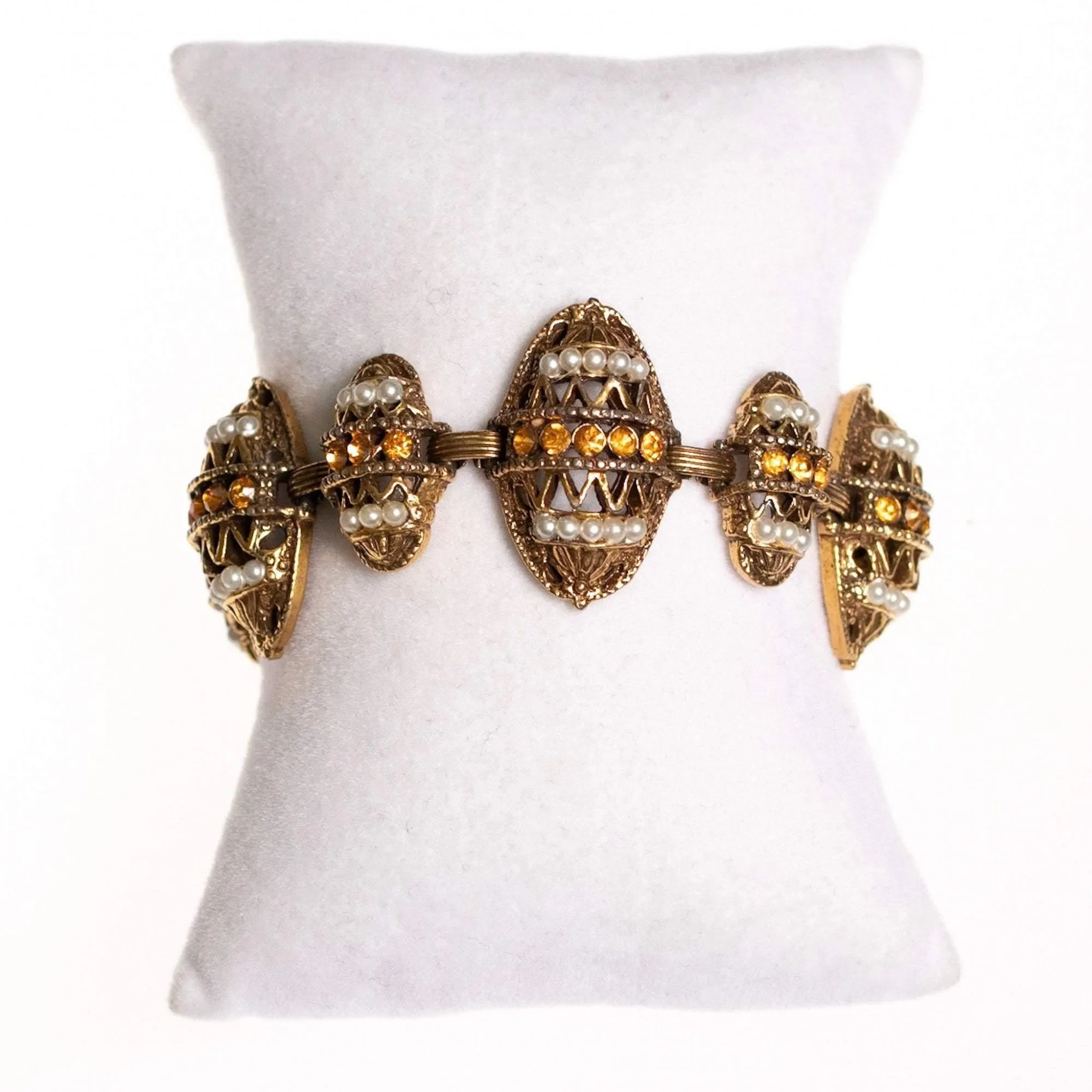 Vintage Victorian Revival Ornate Antique Gold Tone Bracelet with Citrine Rhinestones and Faux Pearls