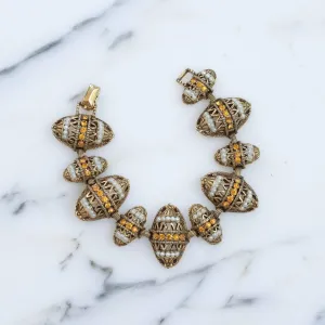 Vintage Victorian Revival Ornate Antique Gold Tone Bracelet with Citrine Rhinestones and Faux Pearls