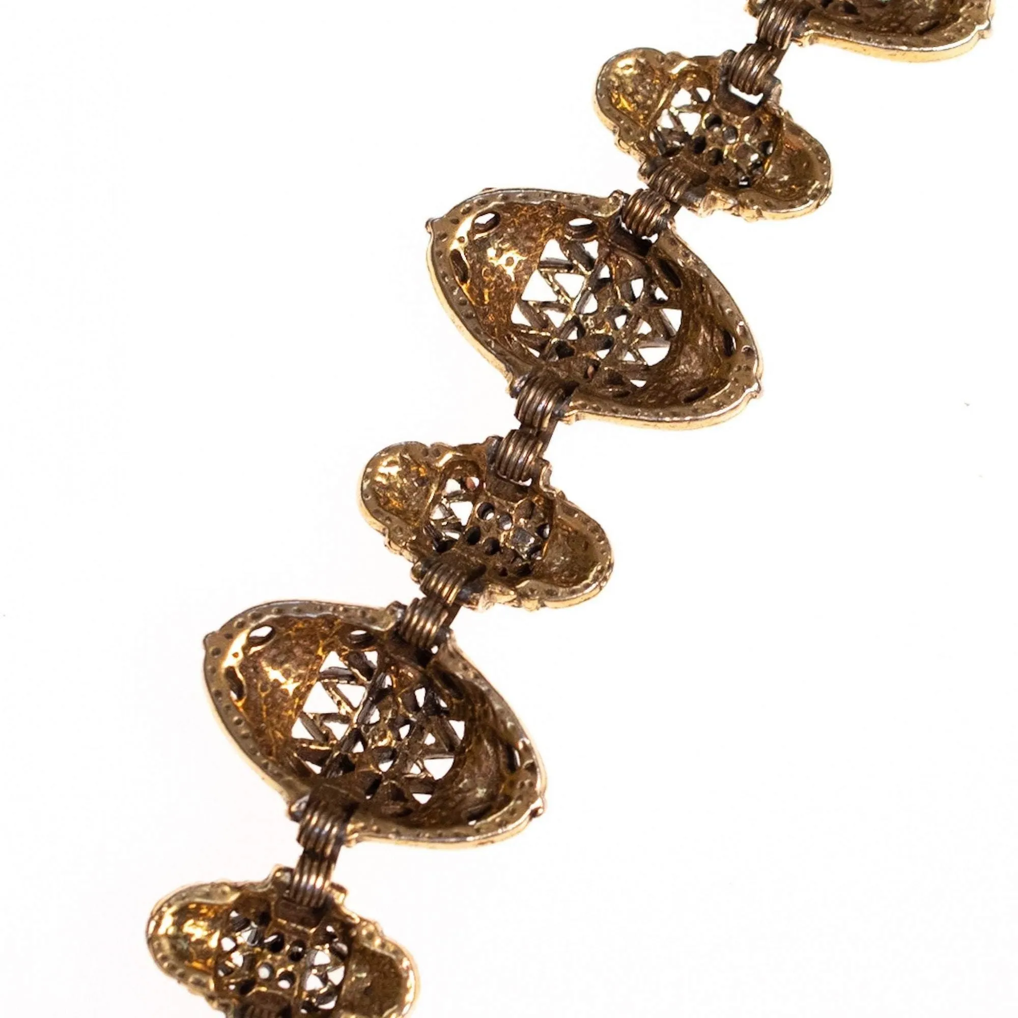 Vintage Victorian Revival Ornate Antique Gold Tone Bracelet with Citrine Rhinestones and Faux Pearls