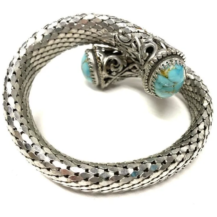 Vintage Whiting & Davis Vintage  Coil Silver Mesh Bracelet w/Cabochon Czech Glass Stone