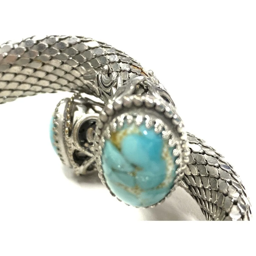 Vintage Whiting & Davis Vintage  Coil Silver Mesh Bracelet w/Cabochon Czech Glass Stone